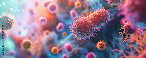 Bacteria  under a microscope  colorful landscape  showcasing their diversity and importance in ecosystems  3D render  Backlights  Depth of Field Bokeh Effect