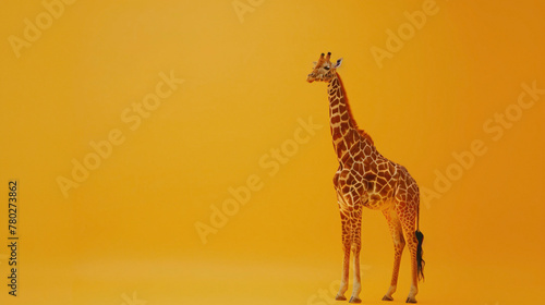 a Giraffe Stretching  studio shot  against solid color background  hyperrealistic photography  blank space for writing