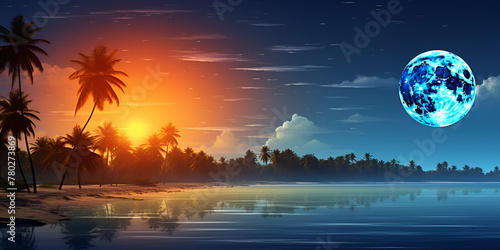 arafed view of a beach with a full moon and palm trees nighttime coastal scene preety background 