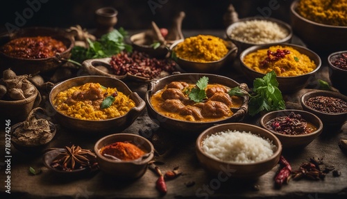 A colorful spread of traditional Indian dishes on a dark rustic backdrop, adorned with aromatic spices.