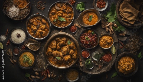 A colorful spread of traditional Indian dishes on a dark rustic backdrop, adorned with aromatic spices.