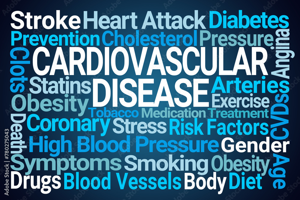 Cardiovascular Disease Word Cloud on Blue Background Cardiovascular Disease Word Cloud on Blue Background