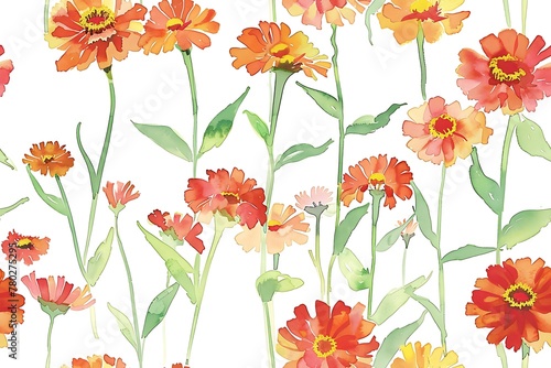 Watercolors of zinnia flowers, seamless pattern tile.