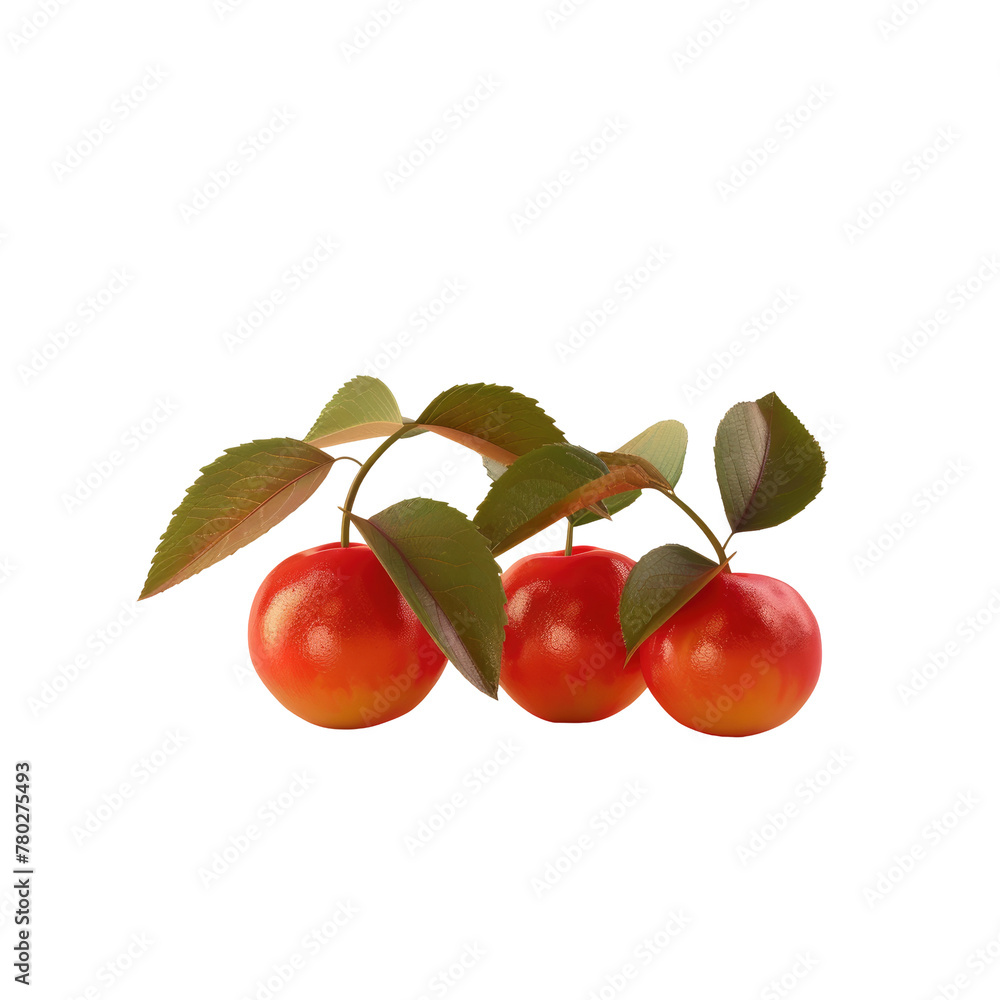 Obraz premium Three cherries hanging from a leafy branch