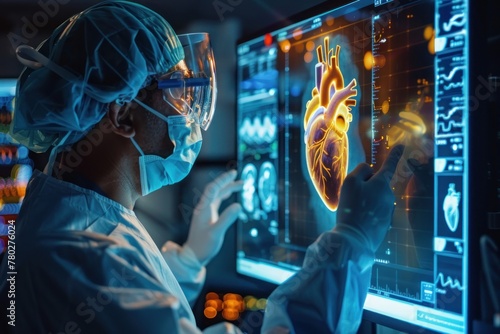 A doctor is looking at a computer screen with a heart on it