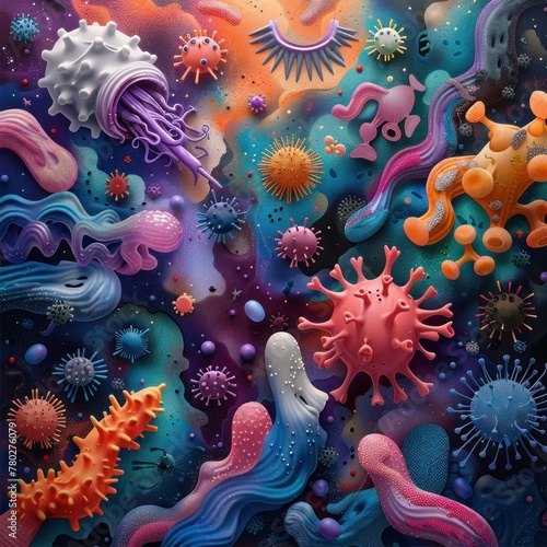 A colorful painting of various sea creatures and viruses
