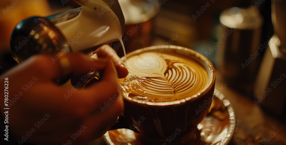 An artisan barista crafting a perfect latte, with the swirl of milk creating a delicate art on top An artisan barista crafting a perfect latte, with the swirl of milk creating a delicate art on top