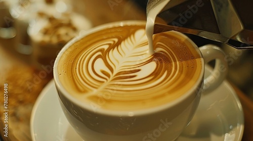 An artisan barista crafting a perfect latte, with the swirl of milk creating a delicate art on top