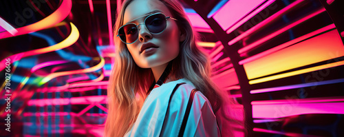 Woman Wearing Sunglasses Standing in Front of Neon Background © iwaart