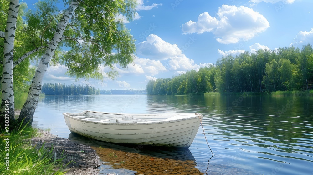 The beautiful landscape of a white simple wooden boat tied to a birch tree on the lake. Good summer day in nature. Concept vacation on the lake. The beautiful landscape of a white simple wooden boat tied to a birch tree on the lake. Good summer day in nature. Concept vacation on the lake.