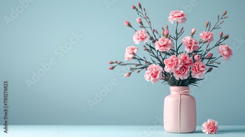 Wallpaper Mural Pink gift box with tender pink carnation flowers in vase. Blue background. Gift or holiday concept. Mothers Day. birthday wedding or St Valentines day with copy space. Torontodigital.ca