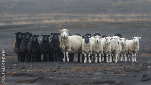 Flock of sheep with both white and black mixed together  concept of differences coexisting.