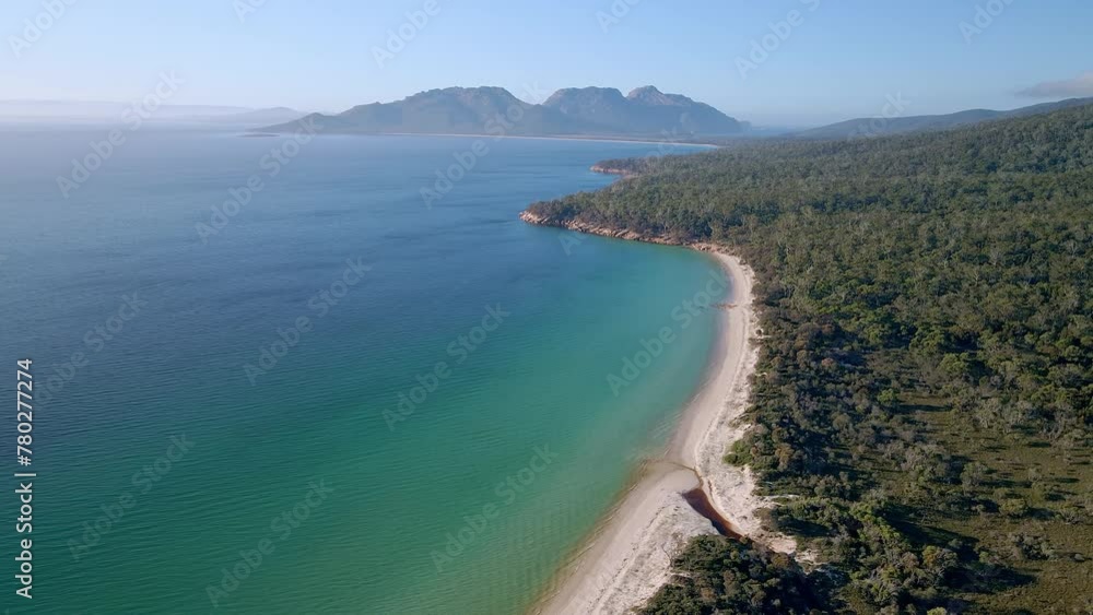 White Sand Beaches Of Freycinet National Park On Tasmania's East Coast In Australia. Aerial Drone Shot White Sand Beaches Of Freycinet National Park On Tasmania's East Coast In Australia. Aerial Drone Shot