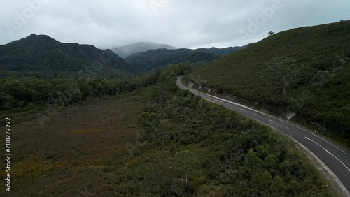 Lyell Highway (Route A10) Through Franklin-Gordon Wild Rivers National Park In Southwest, Tasmania, Australia. - aerial shot photo