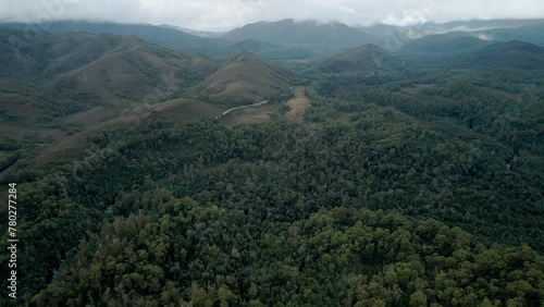 Forested Mountains And Valleys In Franklin Gordon Wild Rivers National Park, World Heritage Area, Tasmania, Australia. Aerial Drone Shot  photo