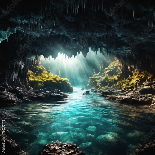 Underwater cave entrance. Background for design, print, card (greeting card), banner, poster, flyer, advertising, wallpaper.
