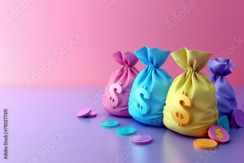 Colorful money bags with dollar symbols, representing financial growth, investment, or savings.