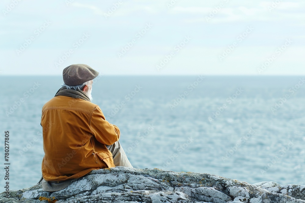 Elderly man sitting on a rock, gazing at a tranquil sea, considering life.