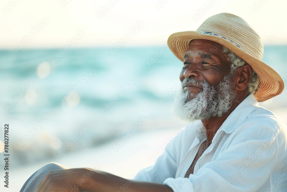 Senior man in a hat smiling peacefully by the sea.