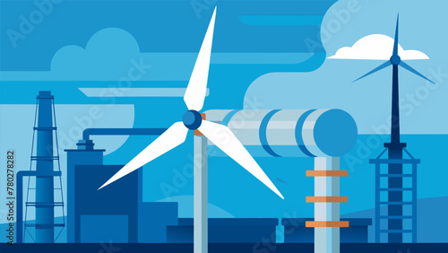 A closeup shot of a mive wind turbine spinning rapidly against a backdrop of metal pipes and industrial equipment. This sustainable energy