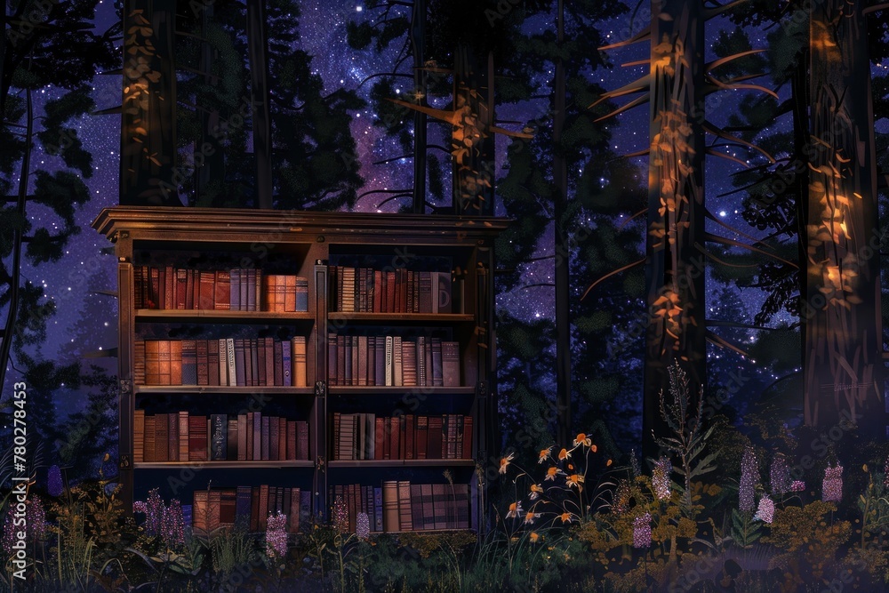 Fototapeta premium book shelf in the forest with a starry night