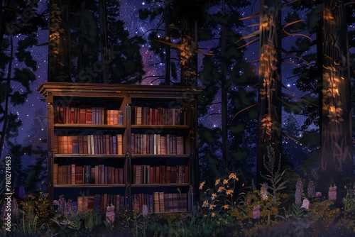 book shelf in the forest with a starry night