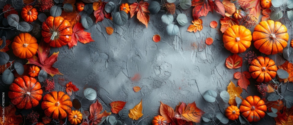 Pumpkins and autumn leaves border on dark grey background. Flat lay with copy space. Halloween and fall season concept. Design for poster, banner, invitation Pumpkins and autumn leaves border on dark grey background. Flat lay with copy space. Halloween and fall season concept. Design for poster, banner, invitation