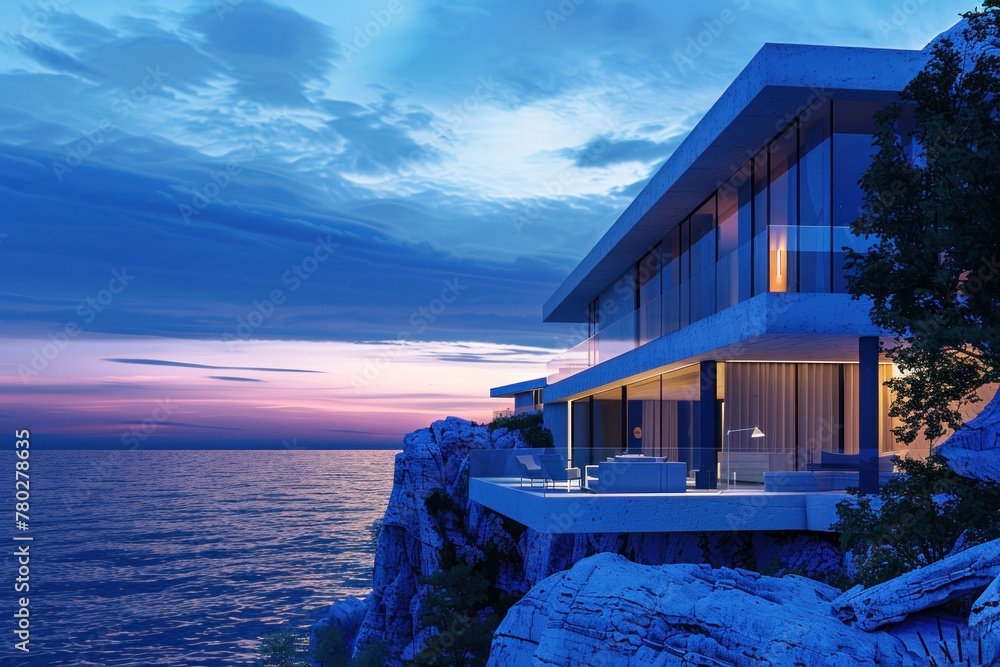 Obraz premium modern villa house on the cliff 3d rendering