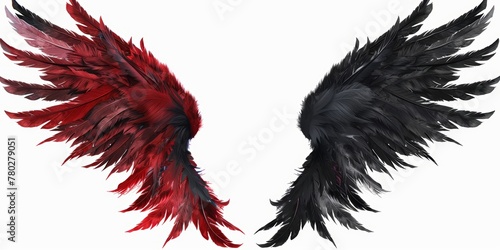 A pair of wings in black color with red blood stains on it, isolated on white background in png style.