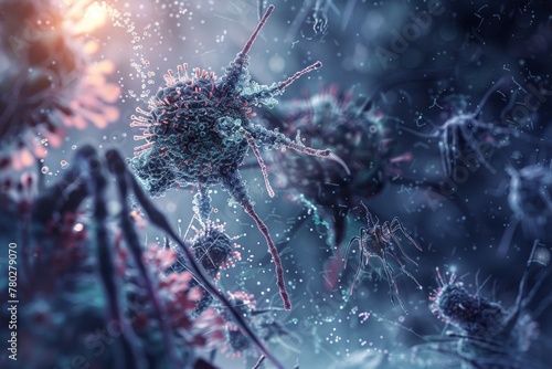 Microscopic image of a phage With a complex tail filament and capsid protein that infects bacterial cells. photo