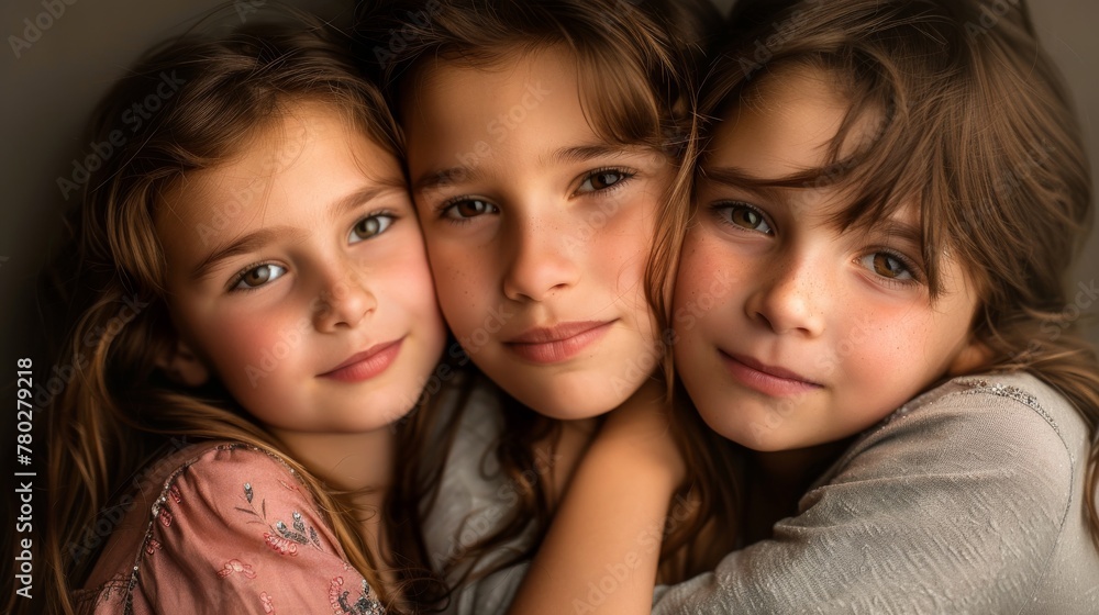 Three girls hugging in warm light. An intimate portrait of three young girls hugging each other in ambient lighting Three girls hugging in warm light. An intimate portrait of three young girls hugging each other in ambient lighting