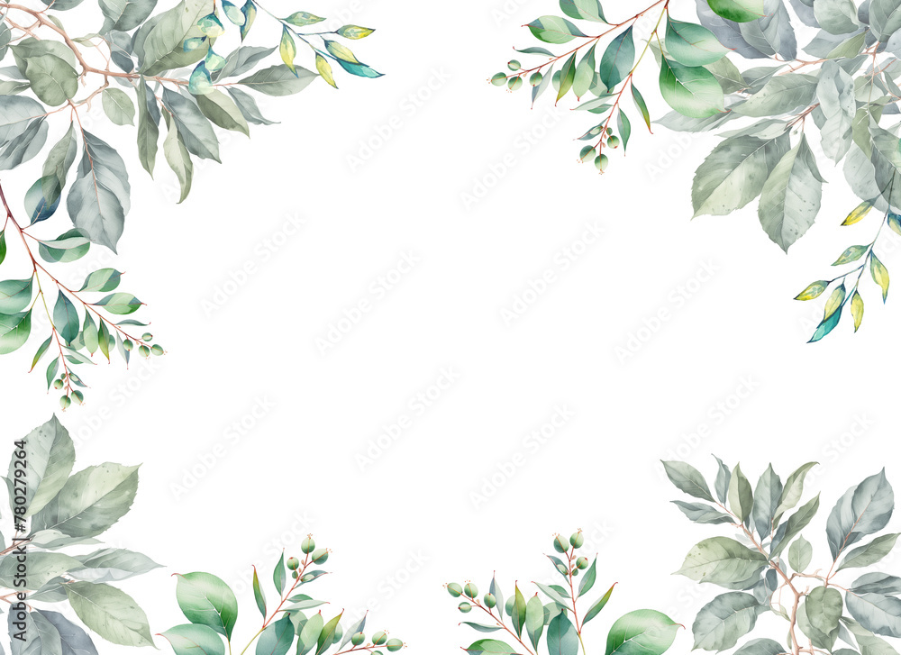 Green branches with leaves. Watercolor illustration. Rectangular frame made of branches Green branches with leaves. Watercolor illustration. Rectangular frame made of branches