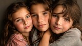 Three girls hugging in warm light. An intimate portrait of three young girls hugging each other in ambient lighting