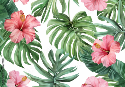 Tropical leaves and flowers seamless pattern with pink hibiscus  green monstera plant on white background