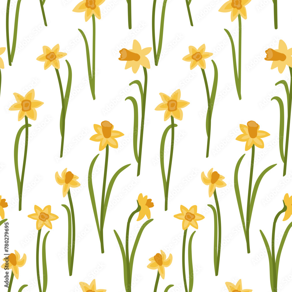 Narcissus flowers. Spring floral seamless pattern. Stylized flowers on a white background. Print for fabric, packaging, wallpaper, dishes, home textiles.