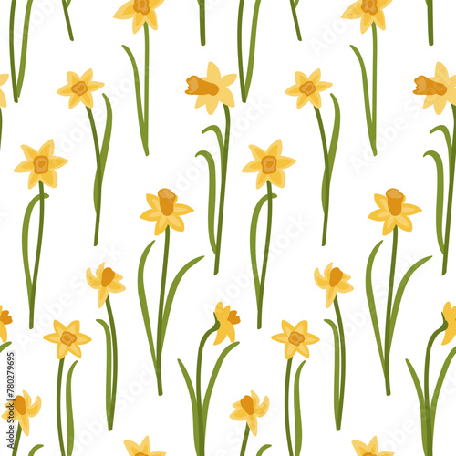 Narcissus flowers. Spring floral seamless pattern. Stylized flowers on a white background. Print for fabric, packaging, wallpaper, dishes, home textiles. © Vala Ivaschenko