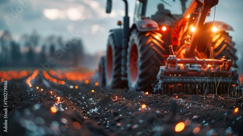 Modern tractor with illuminated lights plowing field at twilight
 photo