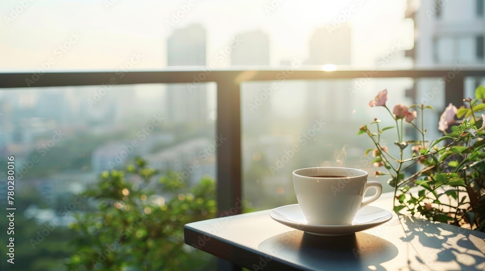 A serene scene of morning coffee on a balcony overlooking the city, capturing a moment of solitude and reflection. A serene scene of morning coffee on a balcony overlooking the city, capturing a moment of solitude and reflection.