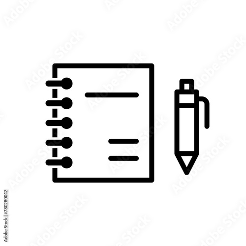 Spiral notebook and pen icon. Black color outline icon on white background.