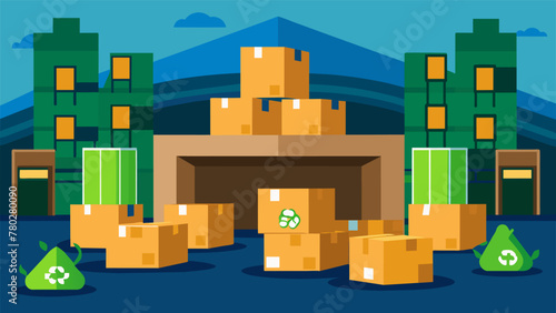 A warehouse filled with stacks of recycled cardboard boxes serves as a reminder of the companys efforts to reduce waste and promote a circular