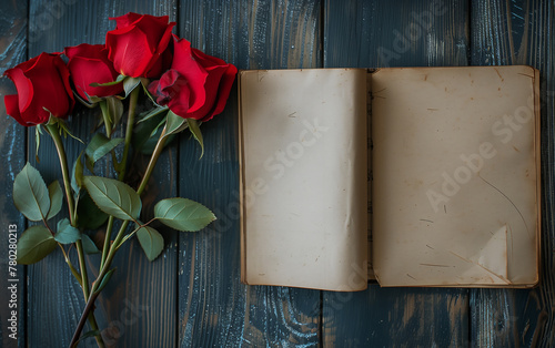 red roses laying next to an open vintage notebook with copy space