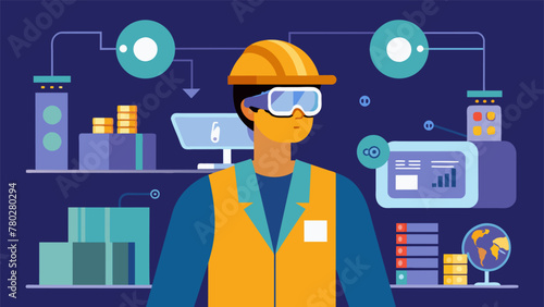 A factory worker wearing an AR headset interacting with virtual objects and data overlays as they navigate through a busy production floor