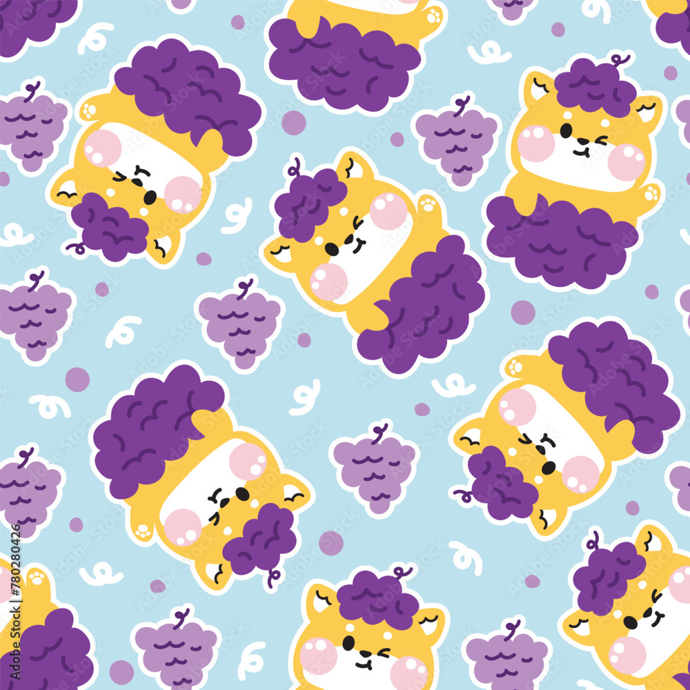 Seamless pattern of cute shiba inu dog in grape fruit background.Japanese pet animal character cartoon design.Image for card,poster,baby clothing.Kawaii.Vector.Illustration.
