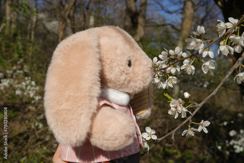 A plush rabbit toy stands in flowers in spring