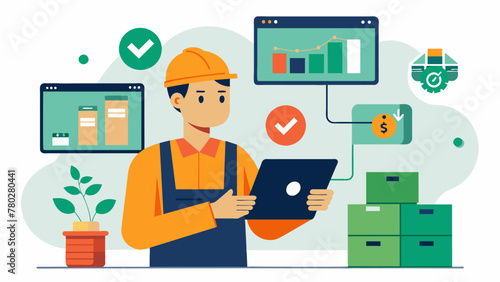 A closeup of a worker using a digital inventory system to track and manage materials showcasing the companys efforts to reduce waste and