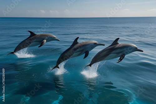 A playful group of dolphins, leaping out of the crystal blue ocean waters, their sleek bodies glistening in the sun. © Afamjay