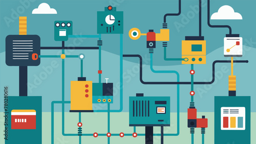 An intricate network of wires and cables connecting machines and devices in a factory enabling seamless communication and automation.
