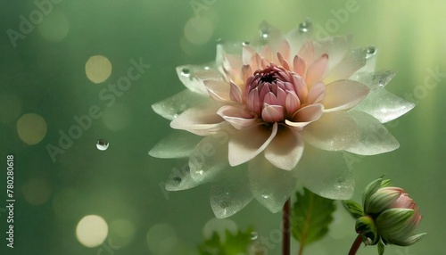 Glass dahlia, stainless steel background, soft green background, Ai Generate