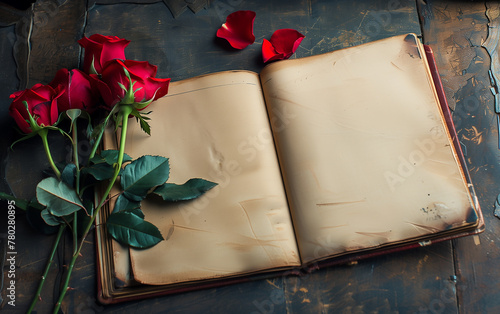 red roses laying next to an open vintage notebook with copy space