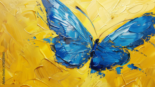 A blue butterfly on an oil painting background, with a golden yellow and amber color scheme